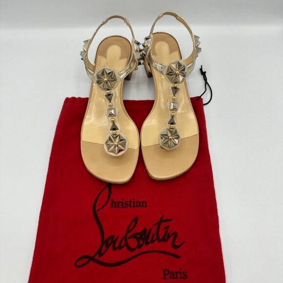 Christian Louboutin Kaleidra Spike T-Strap Red Sole Sandal, Nude Size 38.5 - Picture 3 of 8